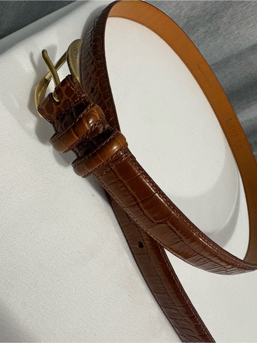 Lauren Ralph Lauren Narrow Brown Crocodile Embossed Leather Belt Pre Owned